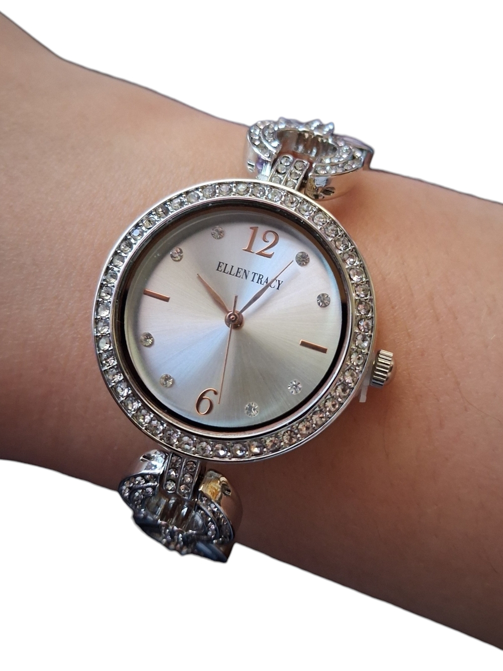Ellen Tracy Silver-Tone Crystal Bracelet Watch with Mother-of-Pearl Dial